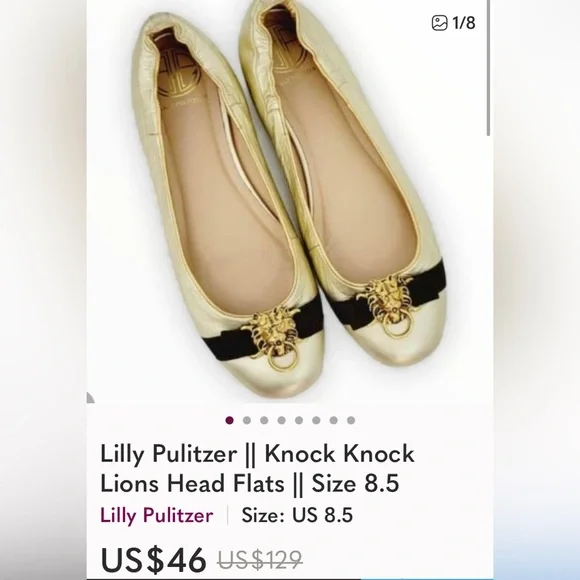 Lilly Pulitzer Gold Leather Ballet Flats Lion Heads Knock Brown Ribbon Size 9 - Picture 15 of 16